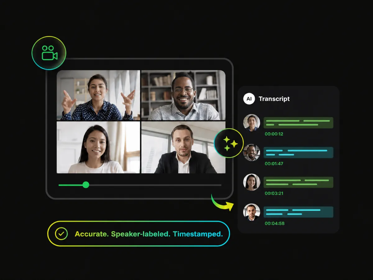 Convertidor de vídeo a texto mostrando una reunión y sus hablantes
